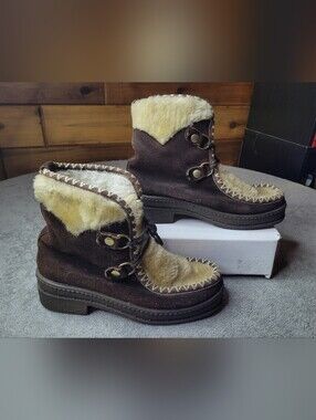 Vtg Apres Ski Lounger Boots Womens Size US 5 Faux Fur Brown Suede Leather Italy